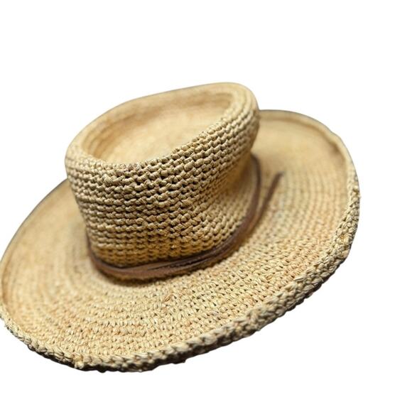 Scala Collezione Crochet Raffia Hat With Leather Trim Summer Sun Boho Beach - Picture 2 of 7